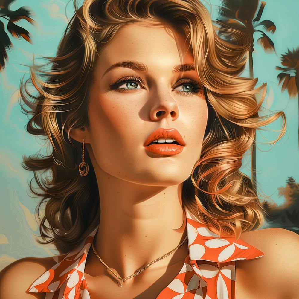 Portrait Frau mit Palmen, Vintage Kalifornien Illustration