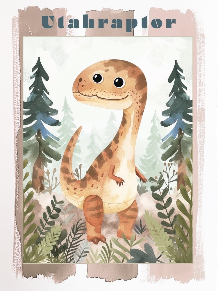Cute Utahraptor Dinosaur Watercolour Poster