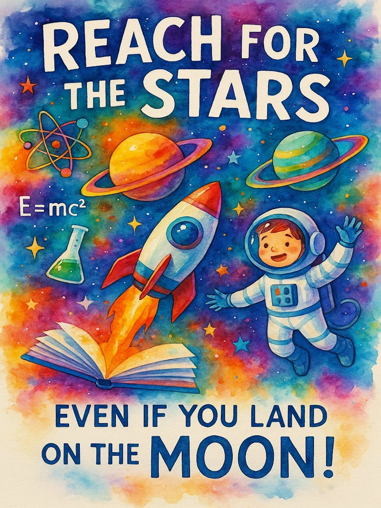 Reach for the Stars Poster - Inspirational Space Art for Kids, Astronaut Printable Wall Decor, Dream Big Science Room Art, Galaxy Nursery Print