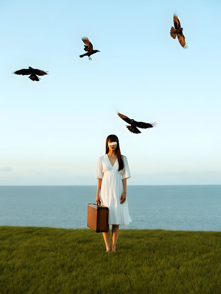 Surreal Photo: Woman with Birds and Suitcase - Journey