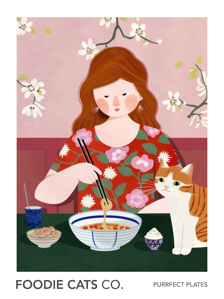 Foodie Cats Co Girl Eating Ramen With A Cat