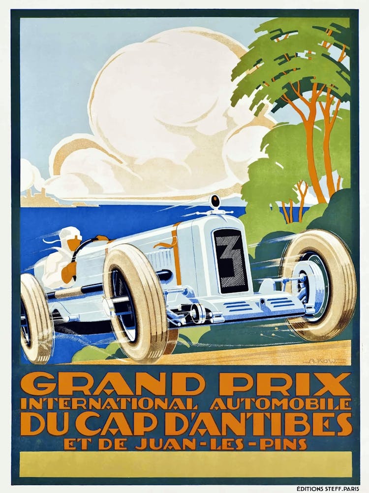 Antique 1929 Racing Poster, Alexis Kow Promoting The Grand Prix In Cap D'Antibes