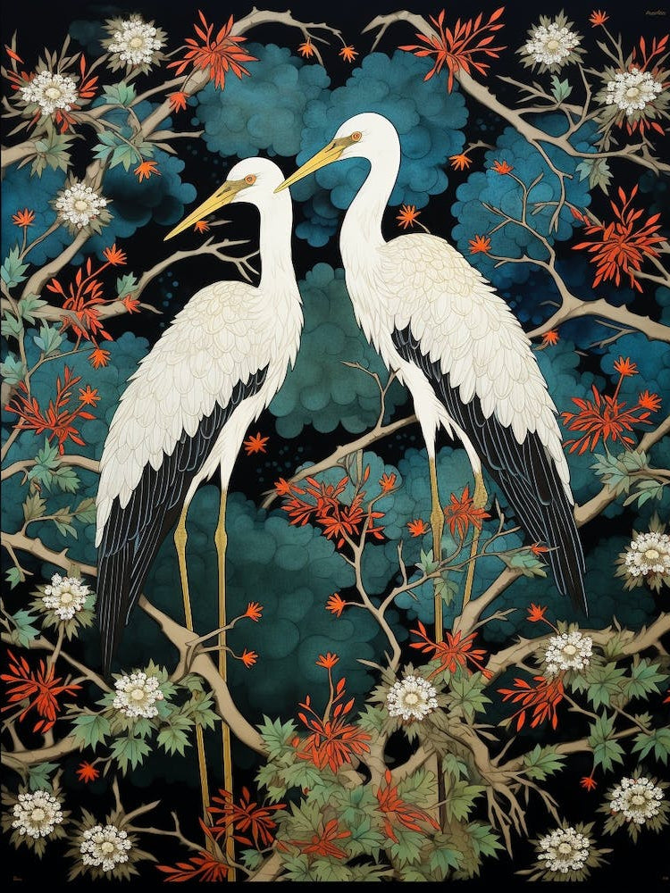 Foliage And Cranes Vintage Japanese Botanical