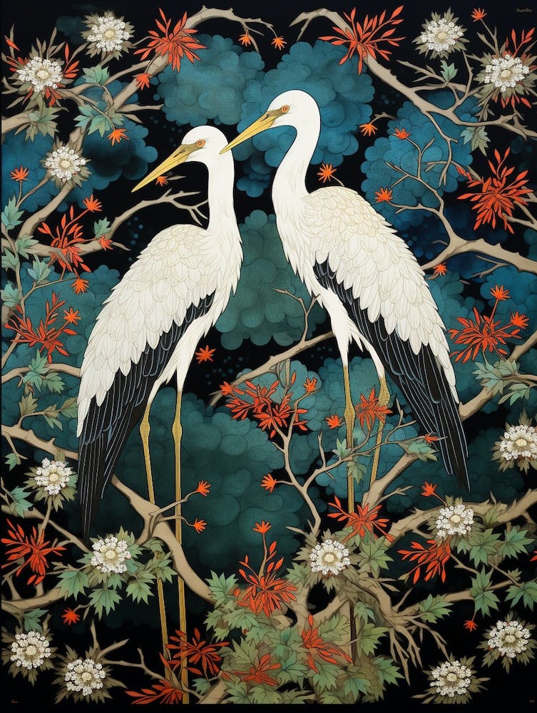 Foliage And Cranes Vintage Japanese Botanical