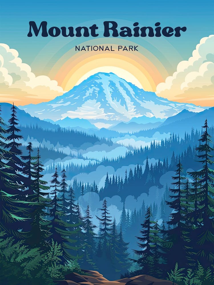 Mount Rainier National Park Washington Breathtaking Travel Illustration