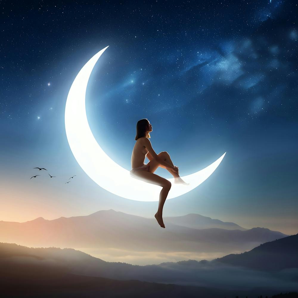 Fantasy Moonlight Scene – Woman Sitting on Crescent Moon Over Mountains at Twilight