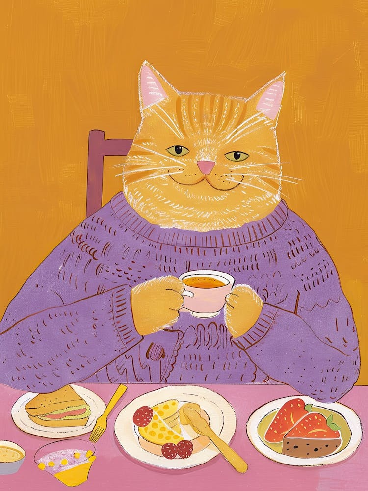 Happy Orange Cat Having Breakfast Folk Illustration 2