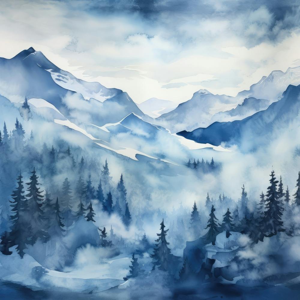 Watercolor Of Snowy Mountains