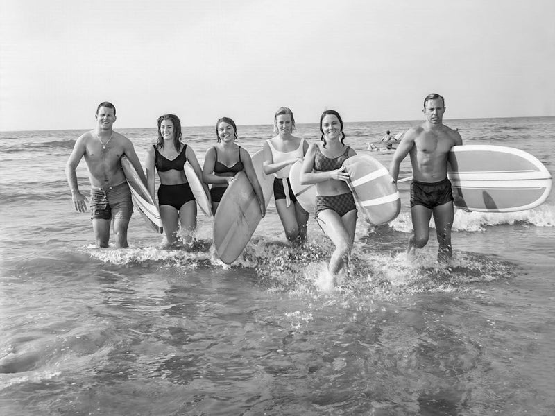 Surfers at the Beach, Vintage Black and White Old Photo