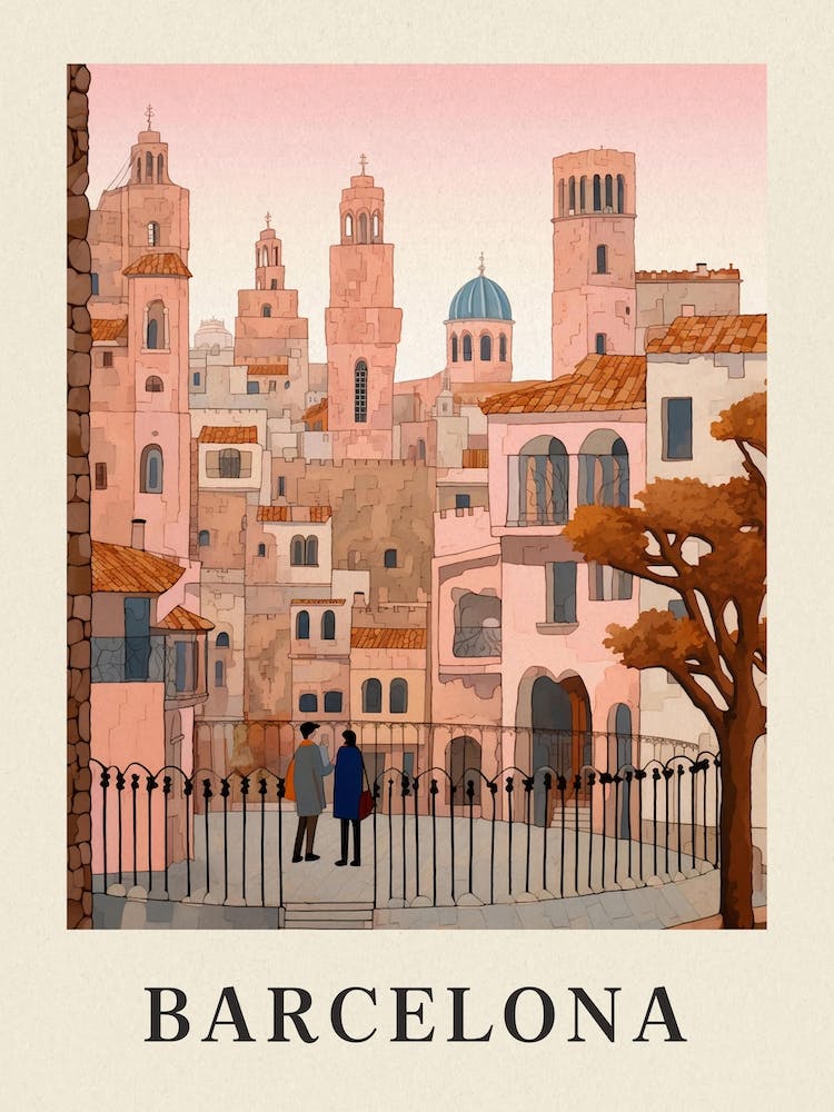 Barcelona Spain 2 Vintage Pink Travel Illustration Poster