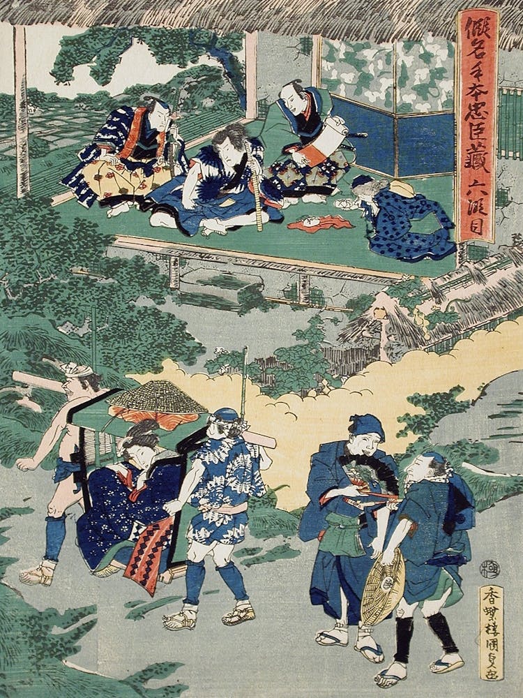 Acte VI Kampei Signant Le Registre des Quarante-sept Rōnin ; Okaru, Après Avoir Été Vendue, Est Emmenée En Palanquin À Kyoto