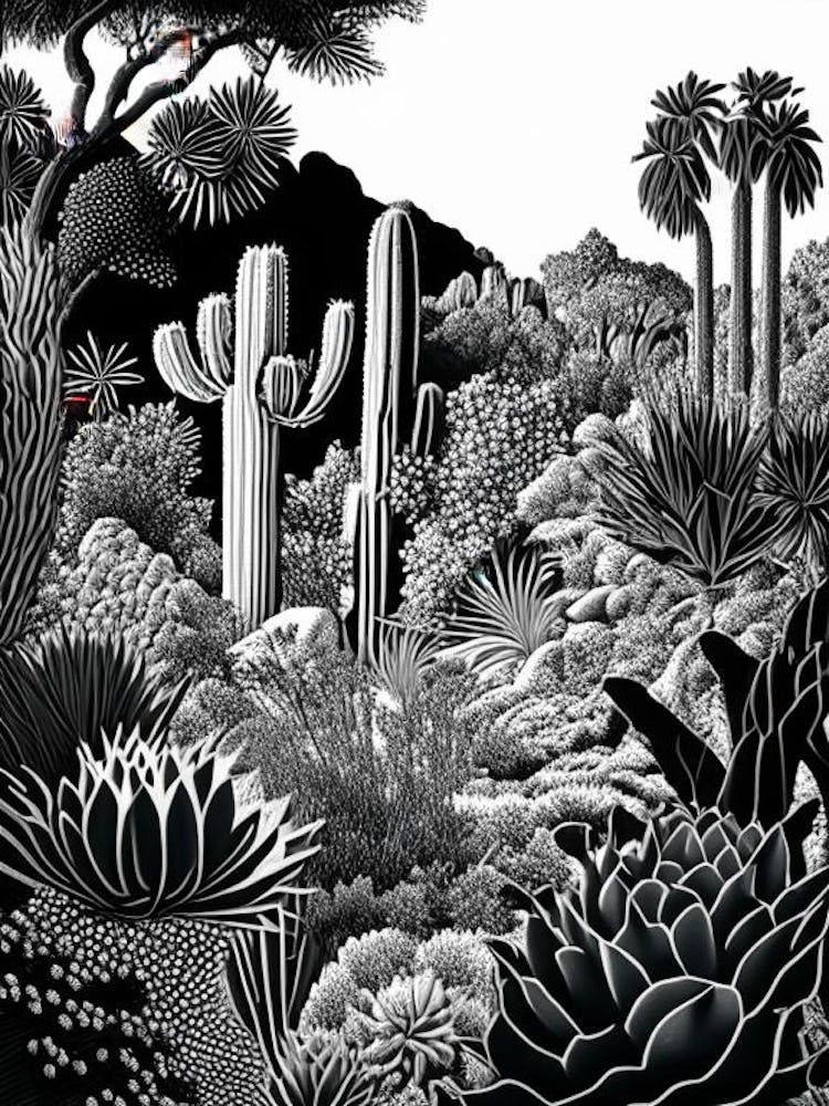 Desert Botanical Garden, Usa Linocut Black And White Vintage