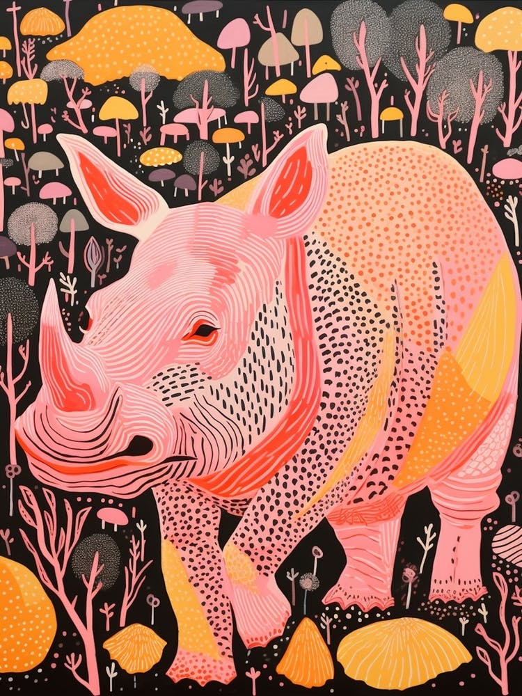 Linocut Inspired Pink Orange & Yellow Rhino  4