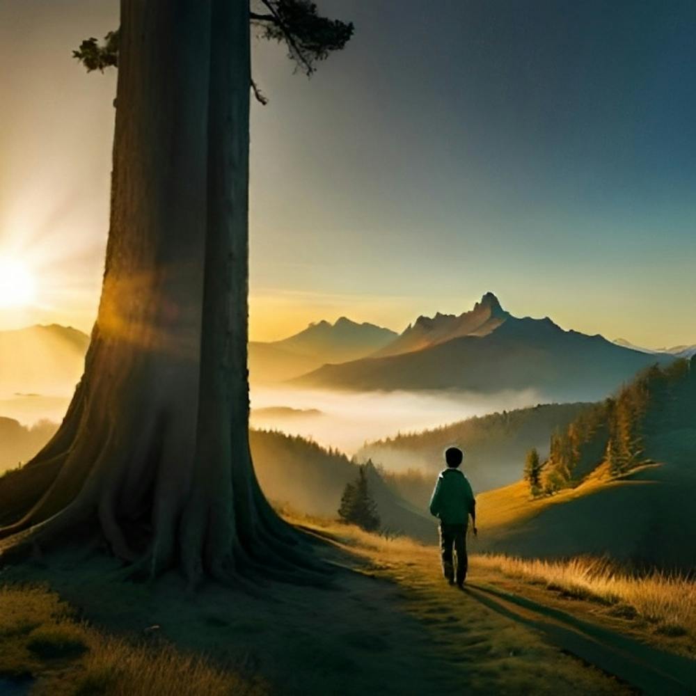 Sunrise In The Mountains , boy walking towards horizon