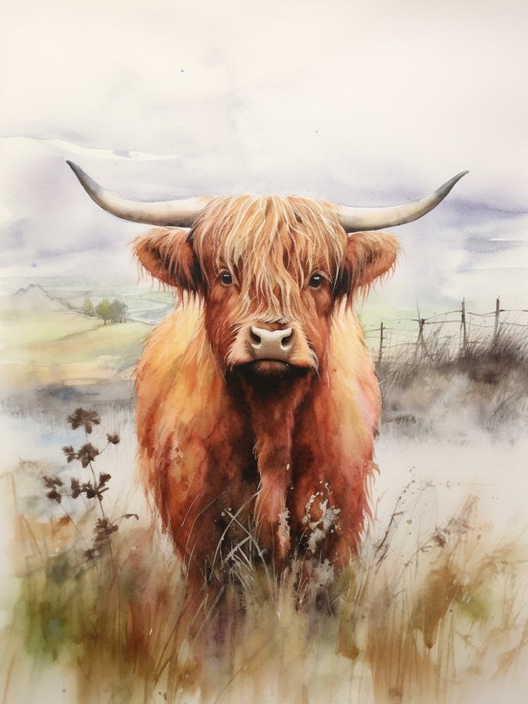 Aquarellporträt einer Highland-Kuh 4