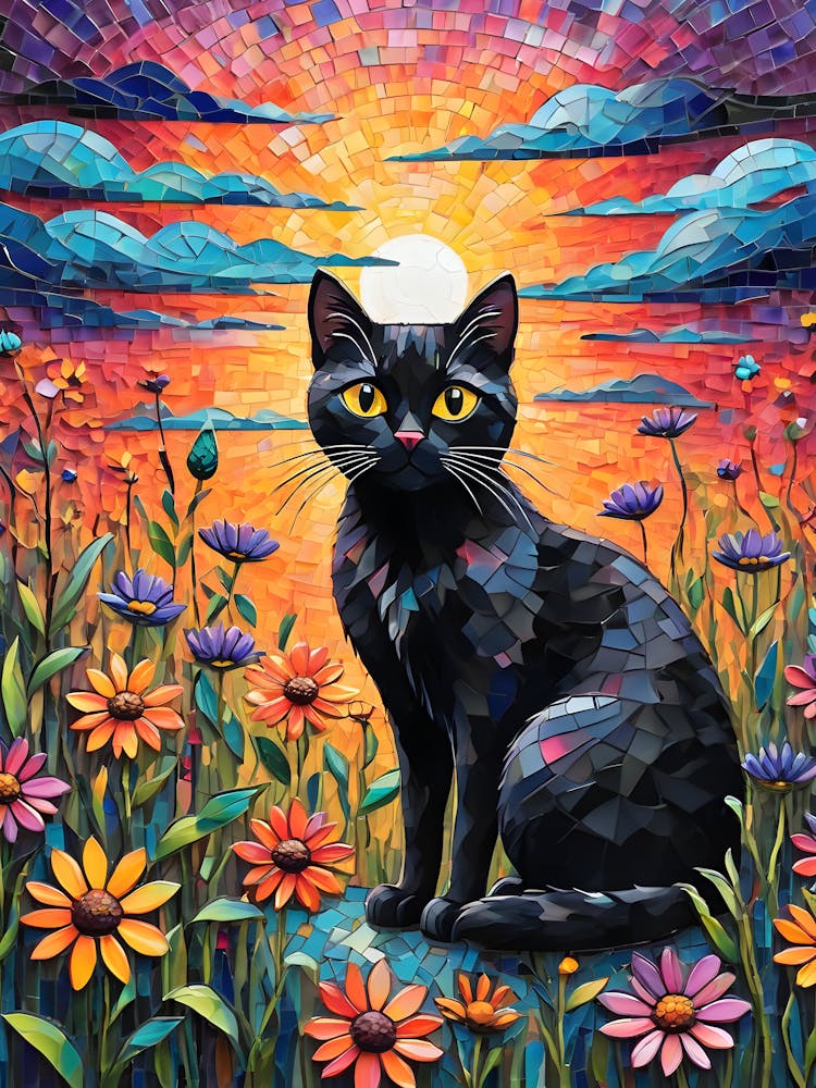 He Must be a Wildflower - Beautiful Rainbow Mosiac of Whimsical Black Cat Watching the Sun Set Whimsy Kitty Art for Cat Lover, Cat Lady, Chakra Pride Pagan Witch Colorful HD