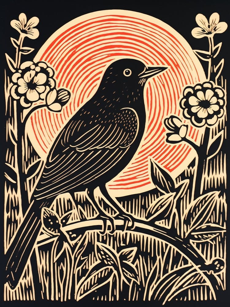 Vintage Bird Linocut Cowbird 1