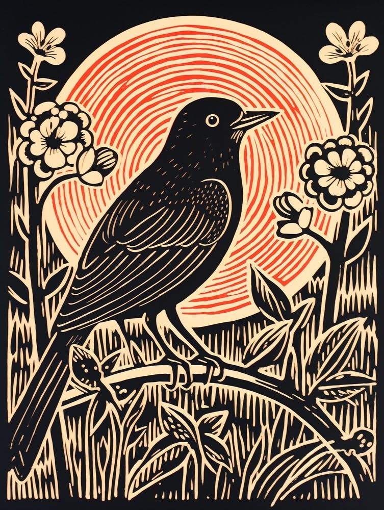 Vintage Bird Linocut Cowbird 1
