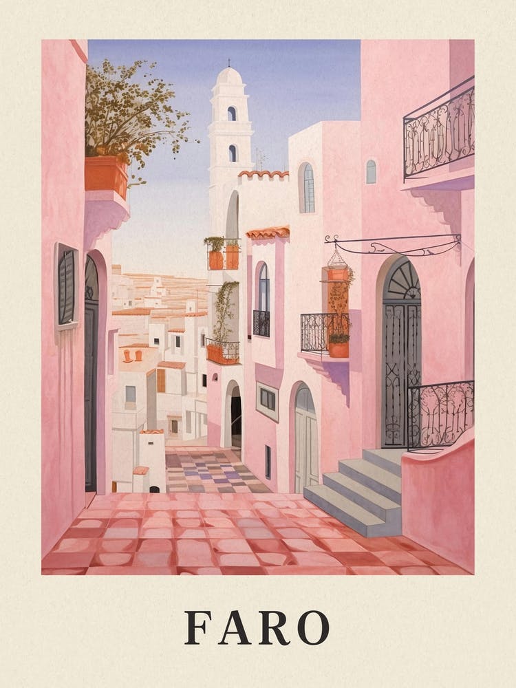 Faro Portugal 6 Vintage Pink Travel Illustration Poster