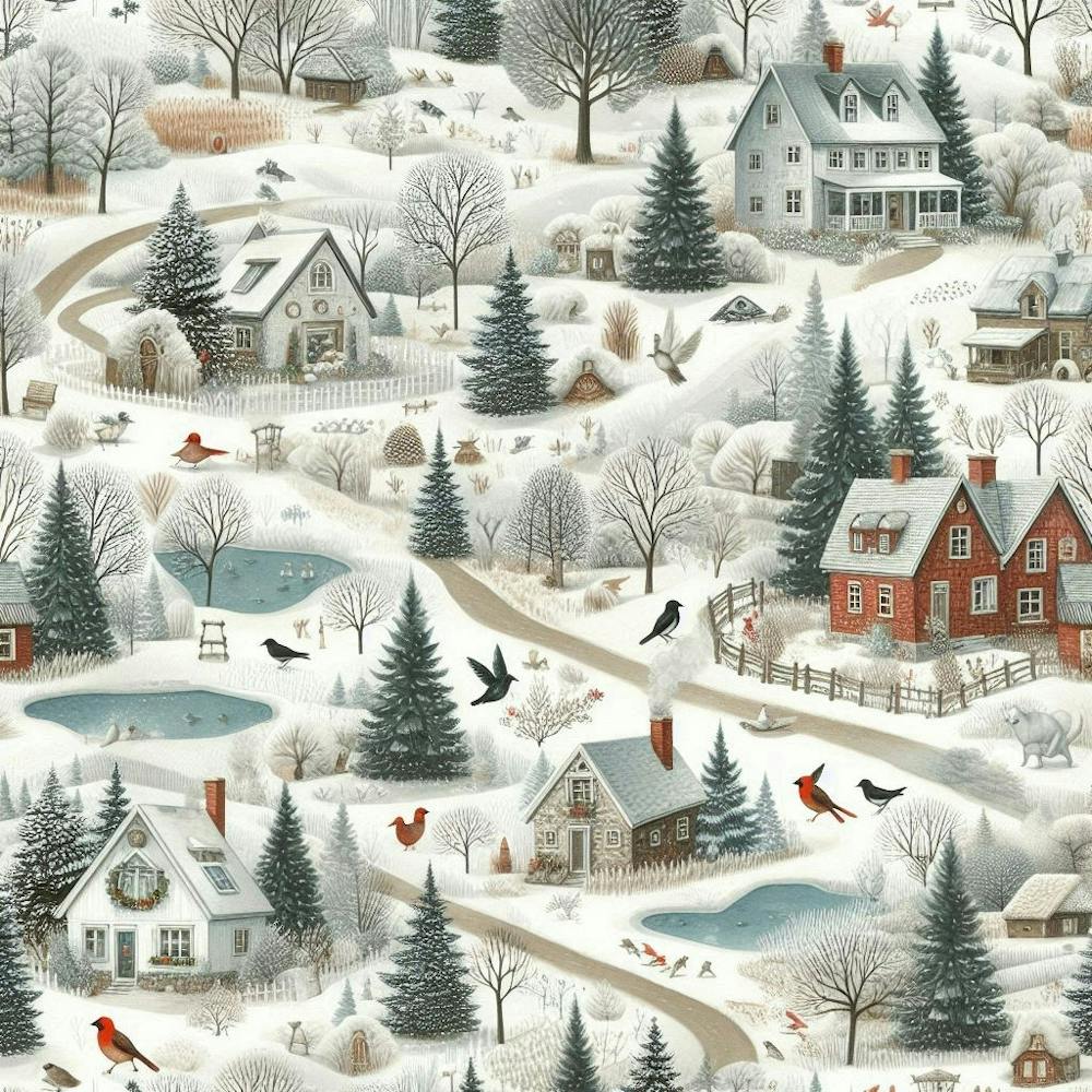 Winter Village, Red Birds And Paths