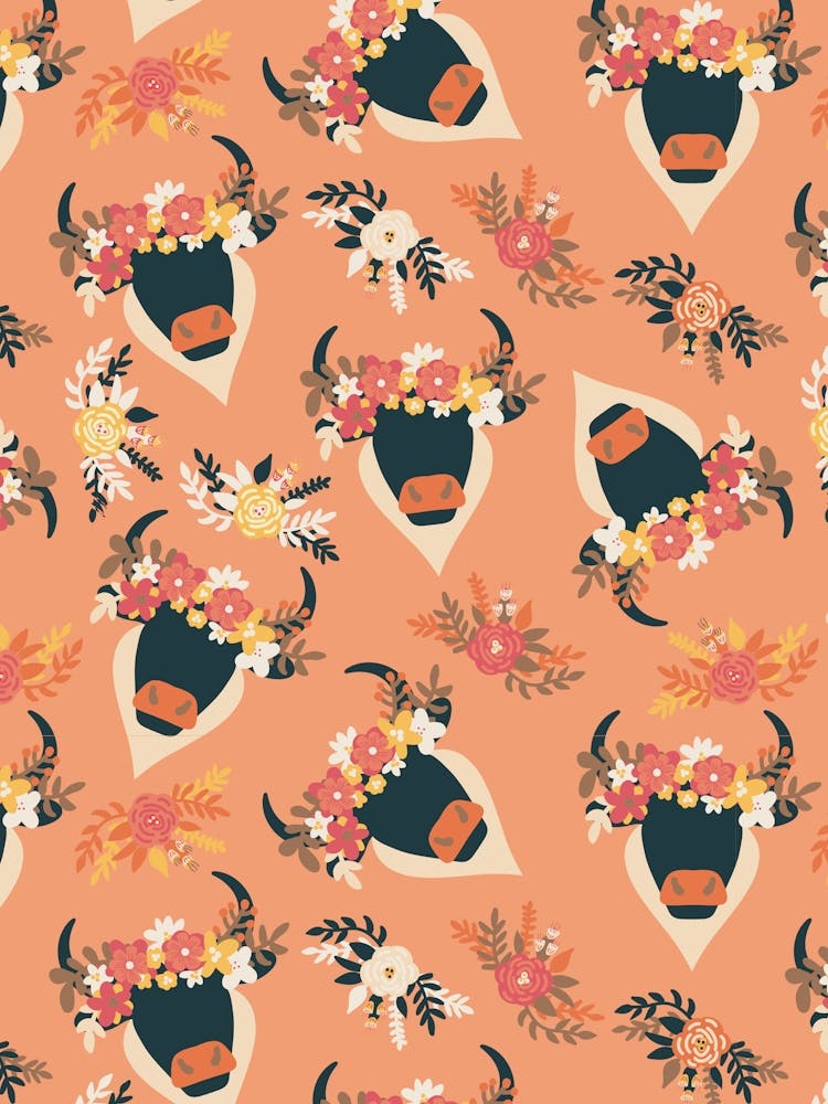 Black Bulls with Flower Crowns on Orange