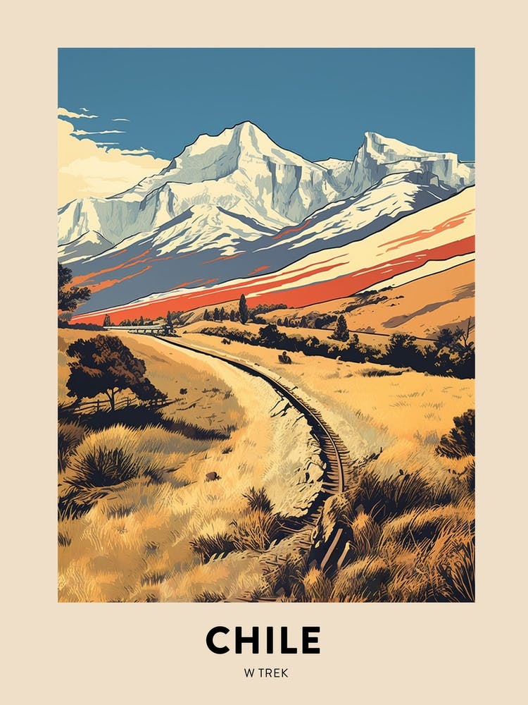 W Trek Chile Vintage Hiking Travel Poster