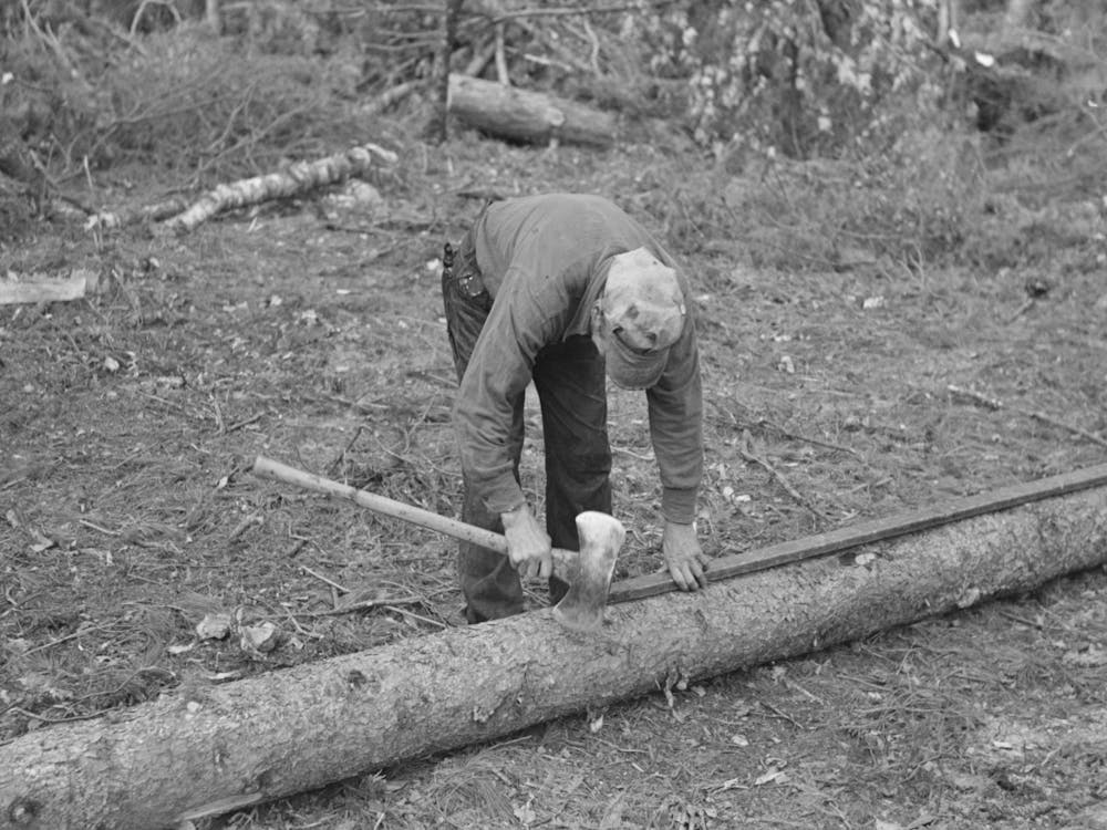 Markierung von Zellstoffholz zum Zurechtschneiden in Längen im Lager nahe Effie, Minnesota von Russell Lee