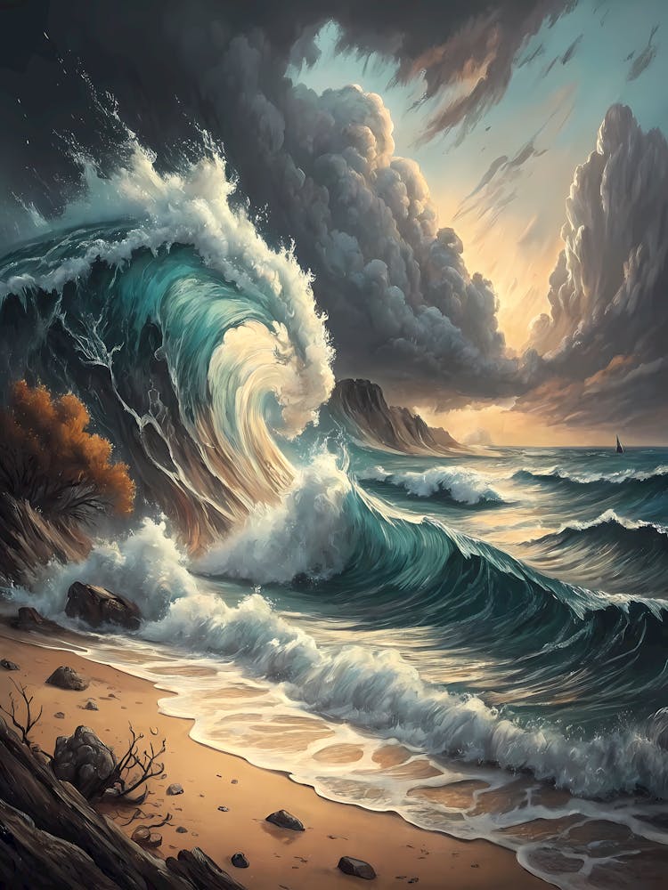 Stormy Ocean Waves Coastal Landscape Oil Painting