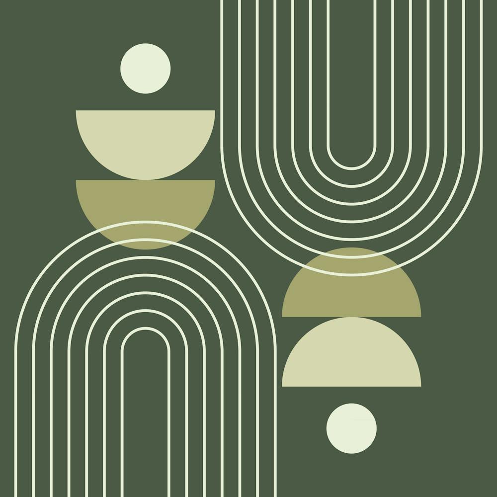 Modern Mid Century Sun, Moon Phases and Rainbow Abstract 30 in Forest Sage Green