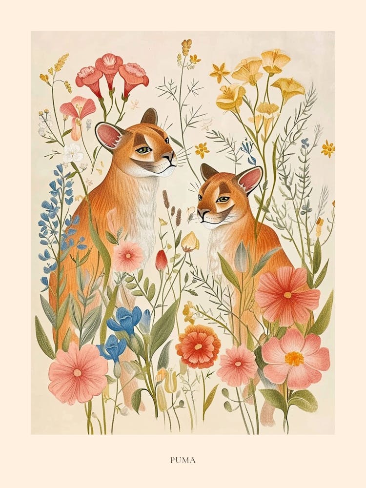 Folksy Floral Animal Drawing Puma 2 Poster