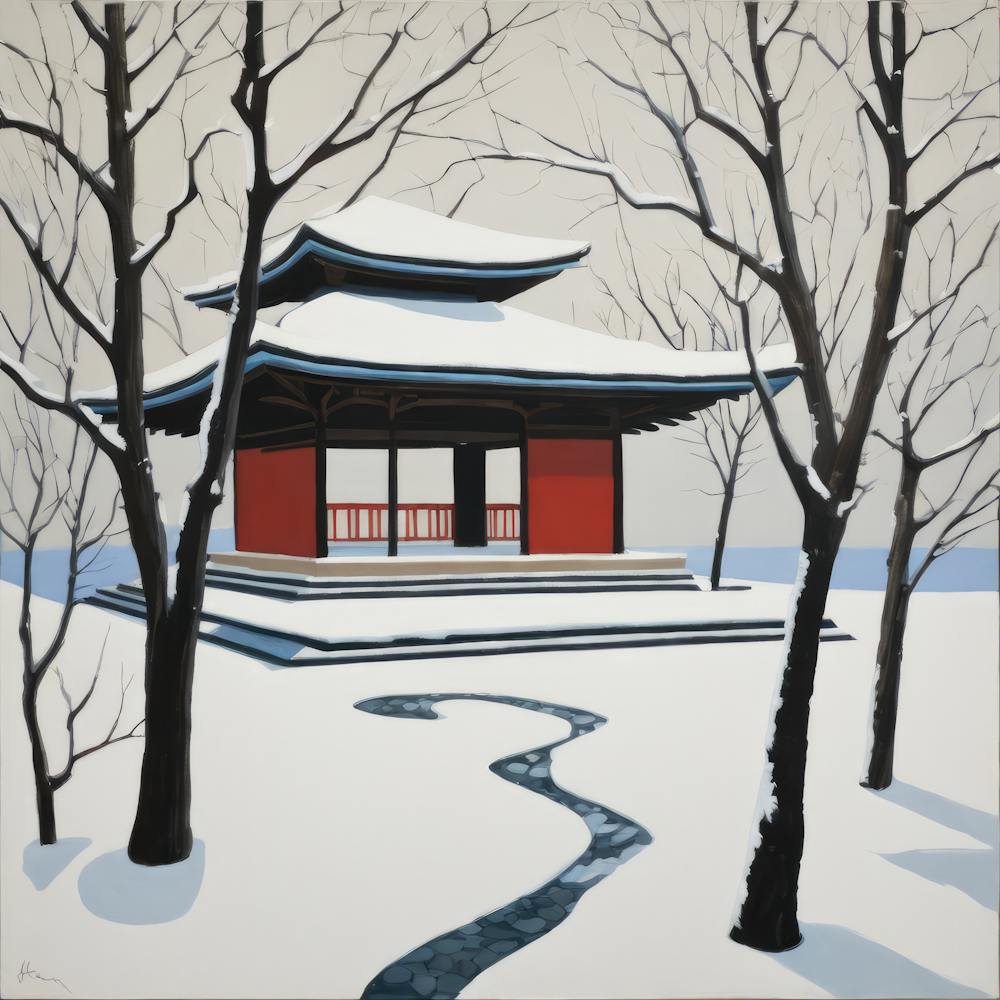 Japanese Zen Garden in Winter Series. Style of David Hockney