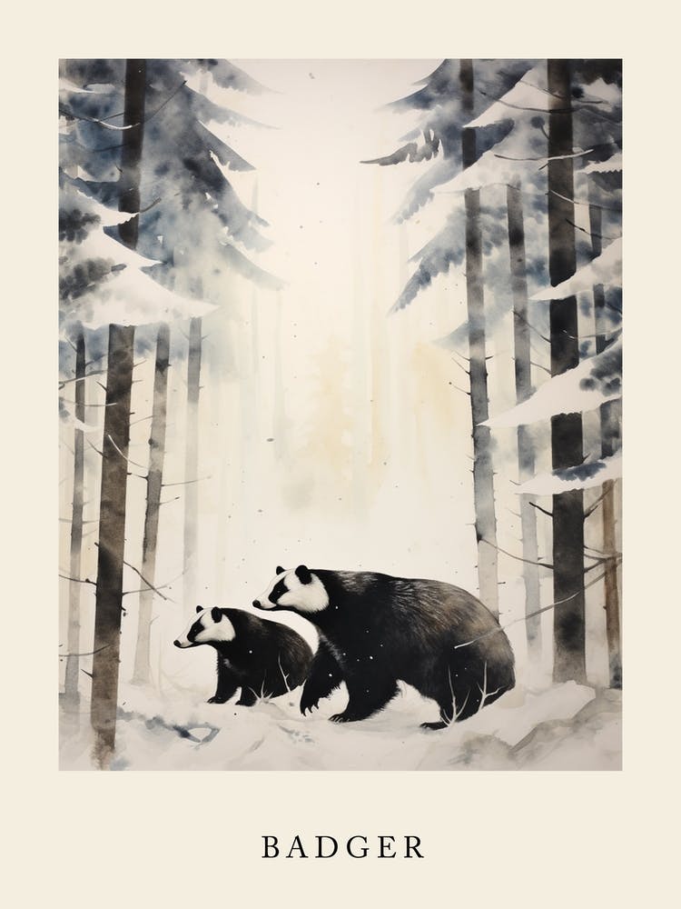 Winter Watercolour Badger 1 Poster