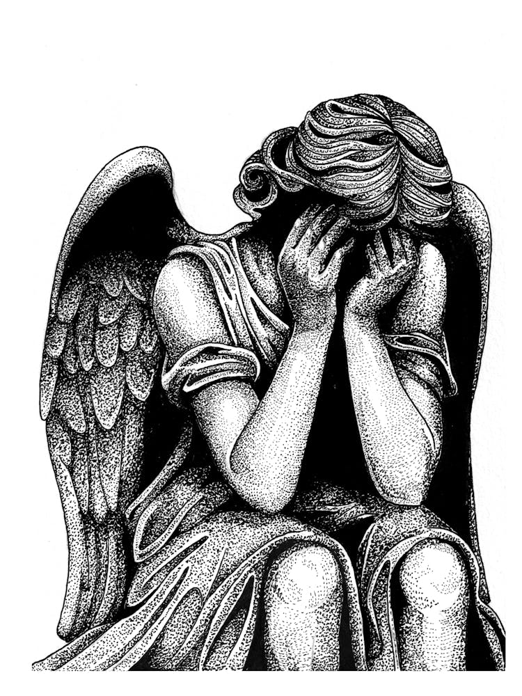 Weeping Angel Statue in Black and White Ink