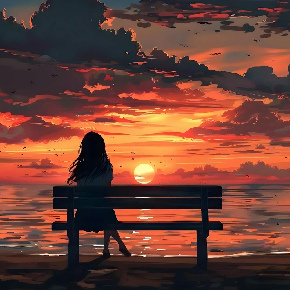 Sunset Girl Sitting On Bench