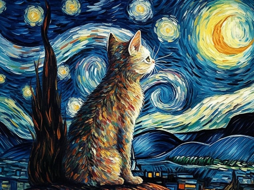 Cat Starry Night Impressionism