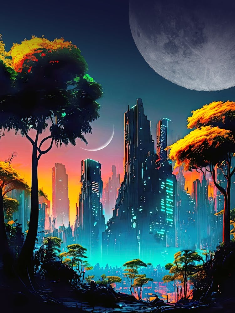 Neon cyberpunk city in a forest with Moons — surreal space collage art, cosmic futuristic sci-fi collage