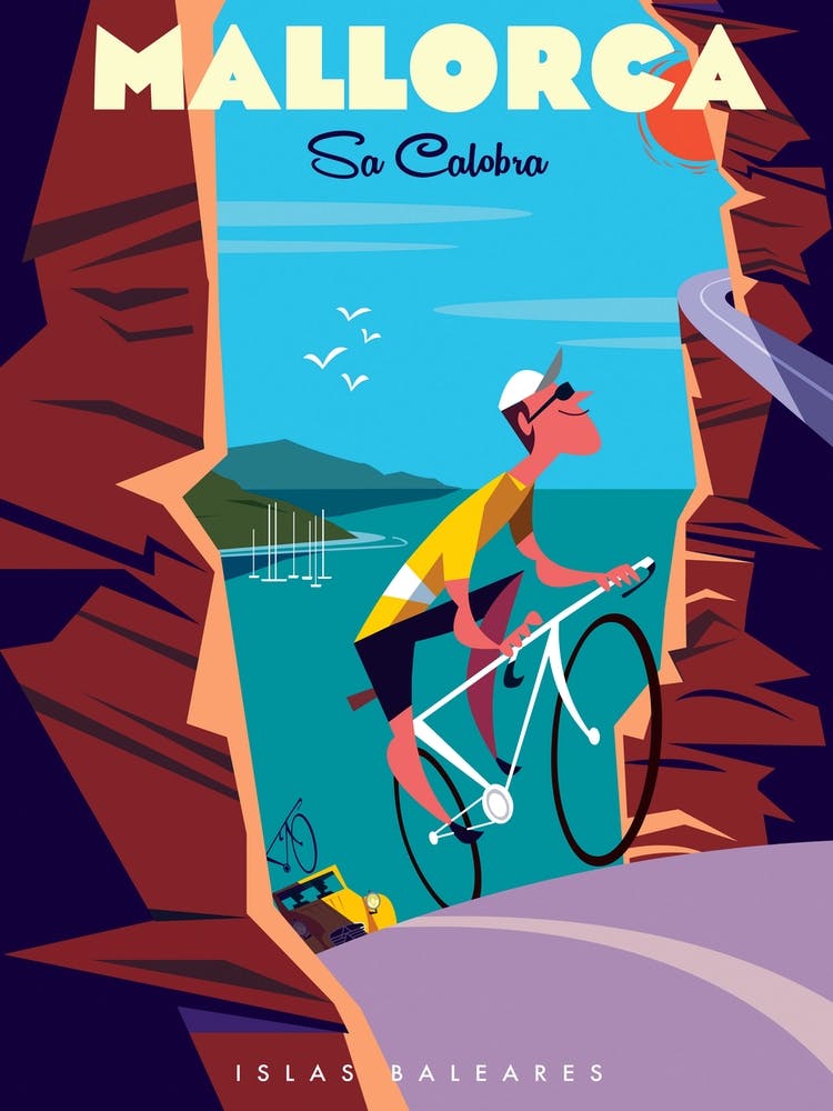 fahrradhelm plakat Mallorca Sa Calobra Radsport Poster Braun & Blau Art Print by Gary Godel – Fy!