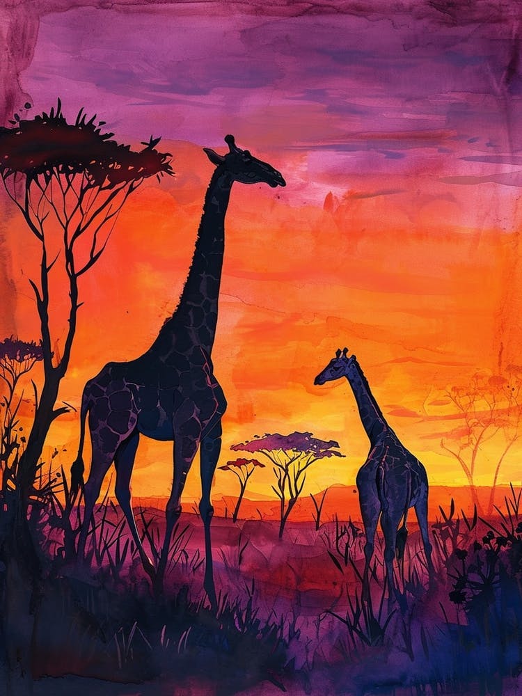 Two Giraffes At Sunset Purple 4