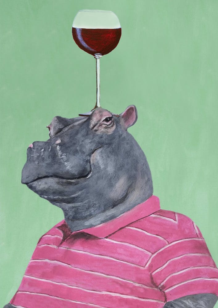 Hippo With Wineglass Green & Pink