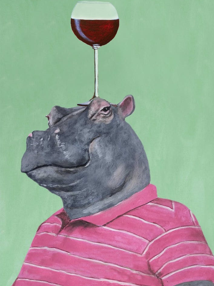 Hippo With Wineglass Green & Pink