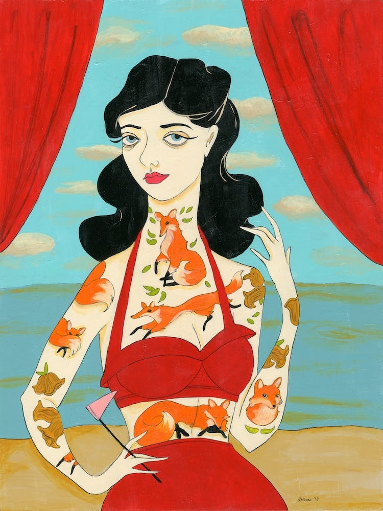 Tattooed Lady With Foxes 