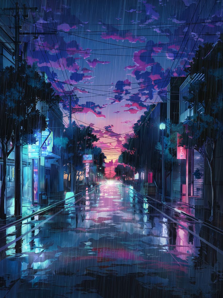 Anime Canvas Art: Vibrant Rainy City Street at Dusk with Neon Reflections, Perfect for Lofi Aesthetic and Urban Night Scene Lovers.