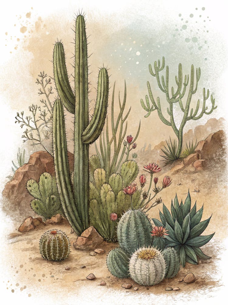 Oil Painting Style Desert Flora Sketch On Grainy