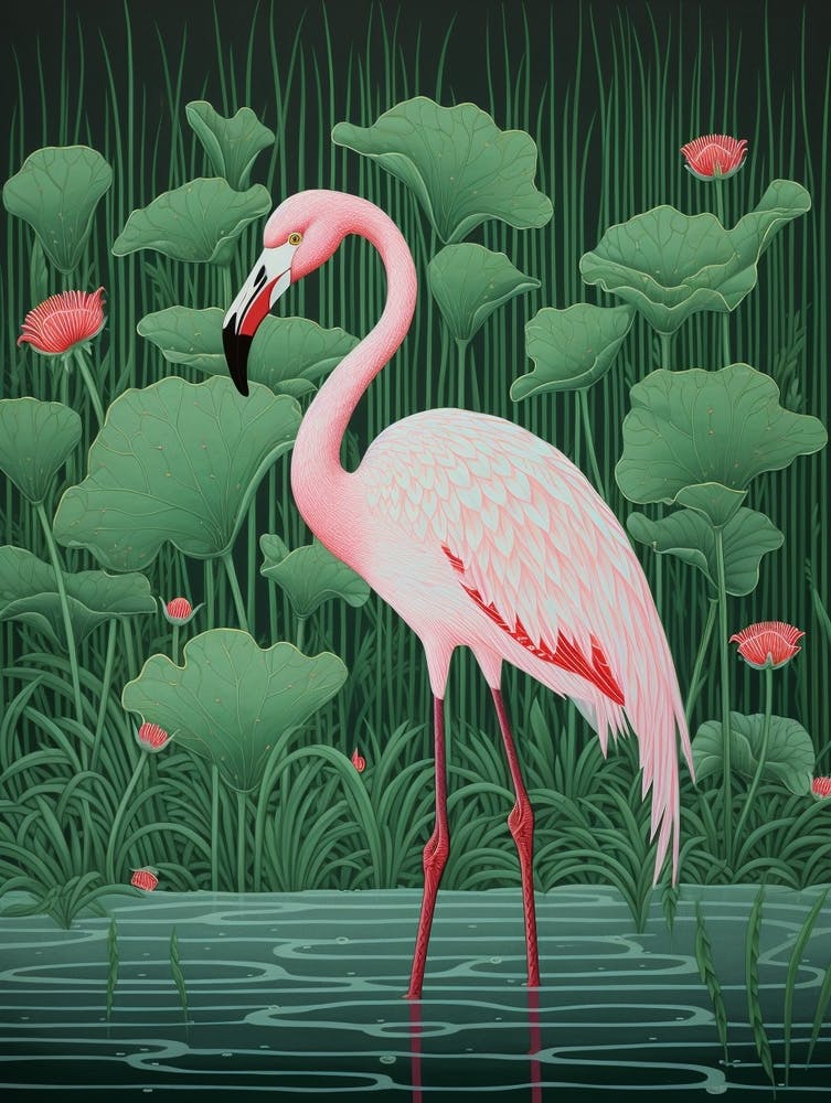 Peinture d'Oiseau Flamant Rose - Inspirée par Ohara Koson 2