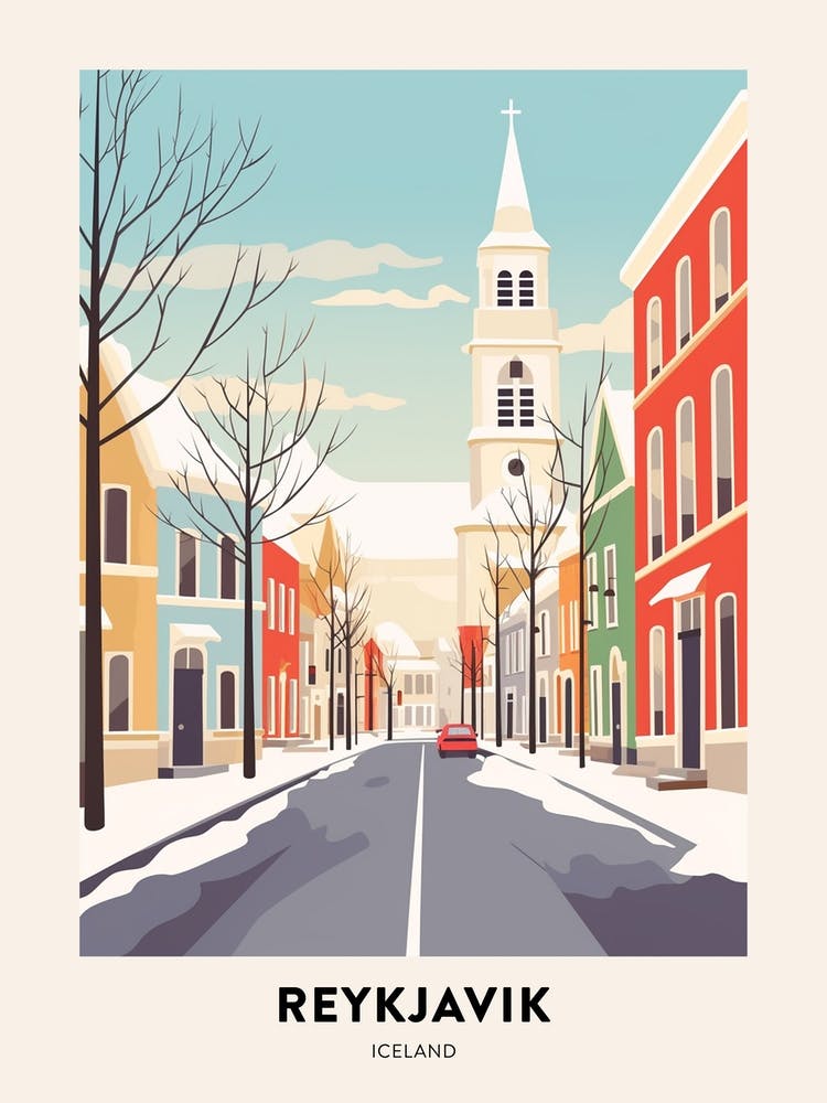 Vintage Winter Travel Poster Reykjavik Iceland 1