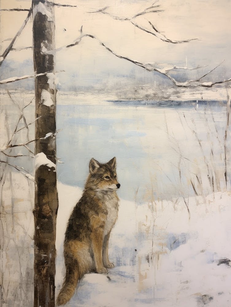 Vintage Winter Animal Painting Coyote 2