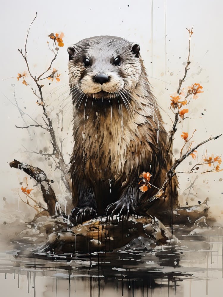 Otter, Japanese Brush Painting, Ukiyo E, Minimal 1