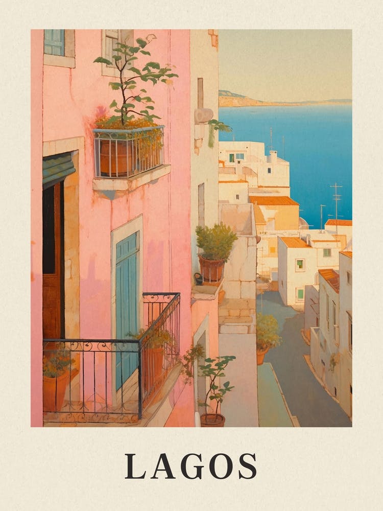 Lagos Portugal 4 Vintage Pink Travel Illustration Poster