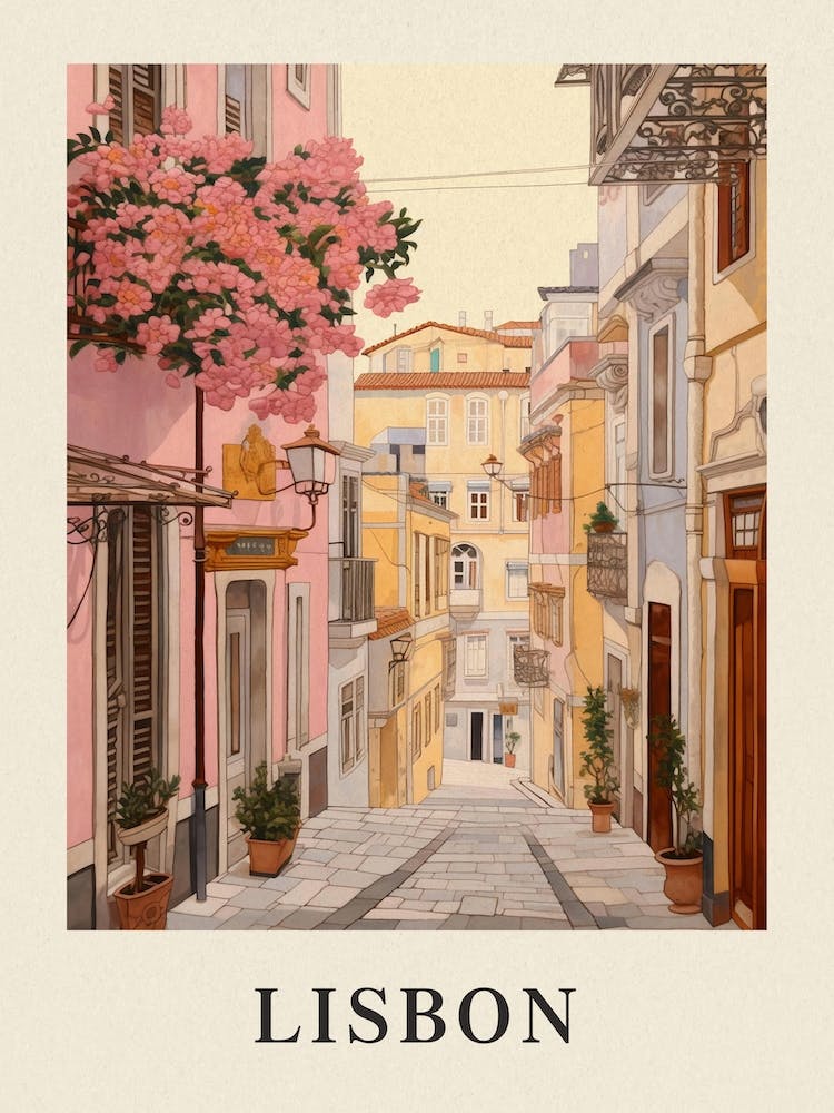 Lisbon Portugal 4 Vintage Pink Travel Illustration Poster