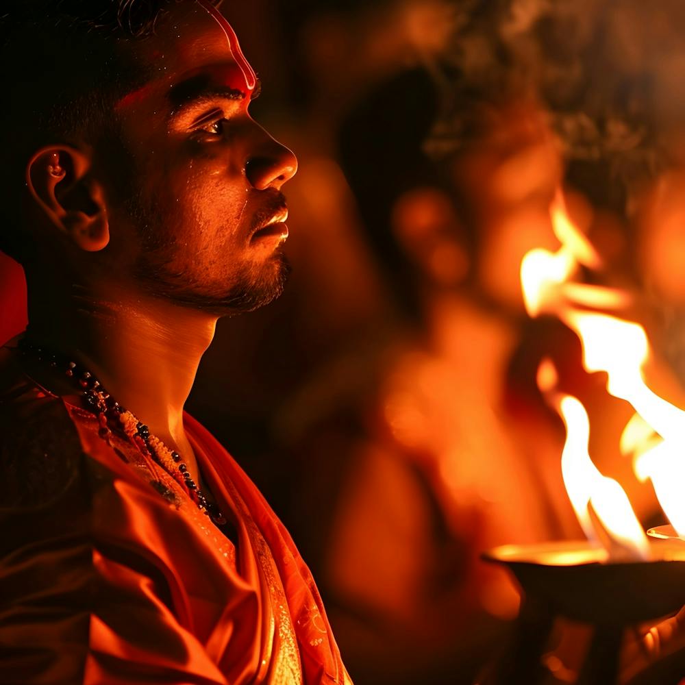 Hindu Man Lighting A Lamp